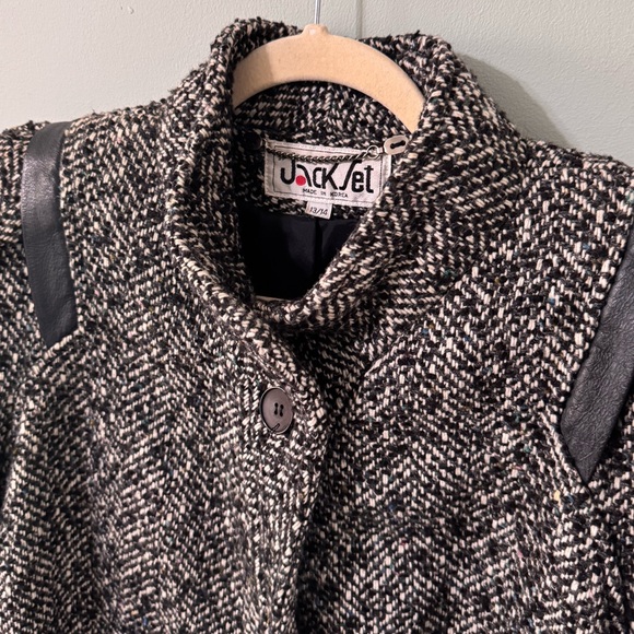 Vintage 80s The Jack Set Women’s Tweed Wool Coat Leather Trim Padded Shoulder - Picture 3 of 8